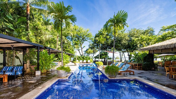 A swimming pool with lounge chairs and umbrellas, surrounded by tropical plants and trees.