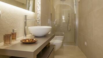 Shower, hair dryer, bidet, towels