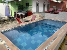 Outdoor pool, sun loungers