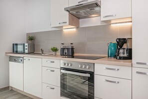 A modern kitchen with stainless steel appliances, a built-in oven, and a coffee maker. - Cozy vacation apartment in Loddin with garden, sauna and playground near the east (Loddin)