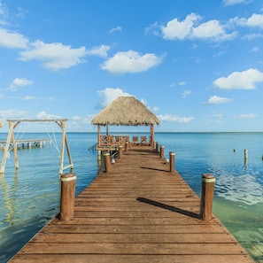 Guests can enjoy a serene waterfront experience from the thatched-roof structure with seating.