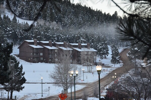 A snow-covered building with multiple chimneys, surrounded by snow-covered trees and a dirt path.
