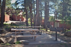 Surrounded by tall pine trees, this serene outdoor space features a picnic table and a fire pit, perfect for a peaceful gathering.