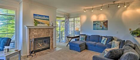 TV, fireplace, DVD player, books