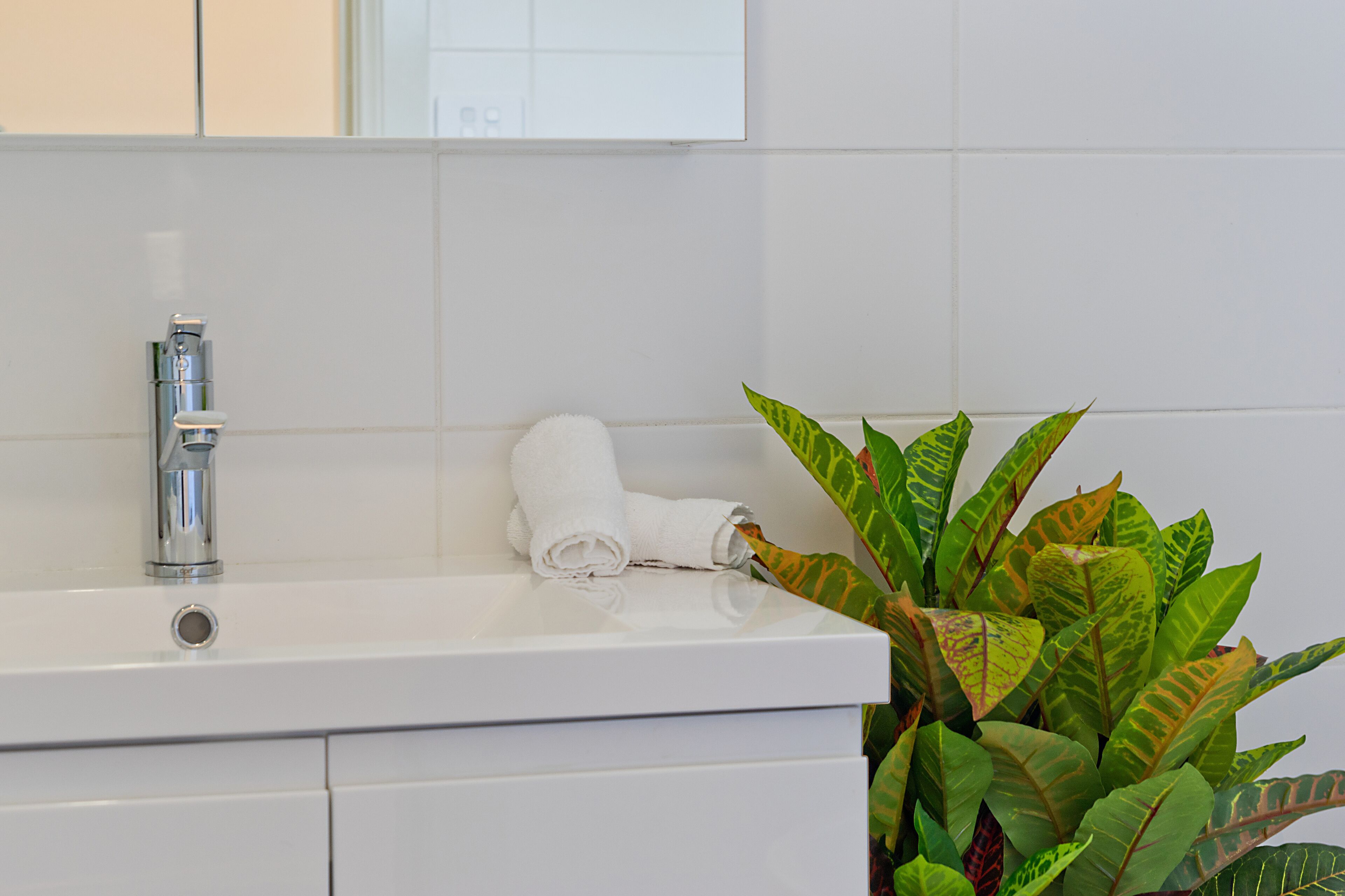 Een badkamer met een witte wastafel, een spiegel en een plant in pot.