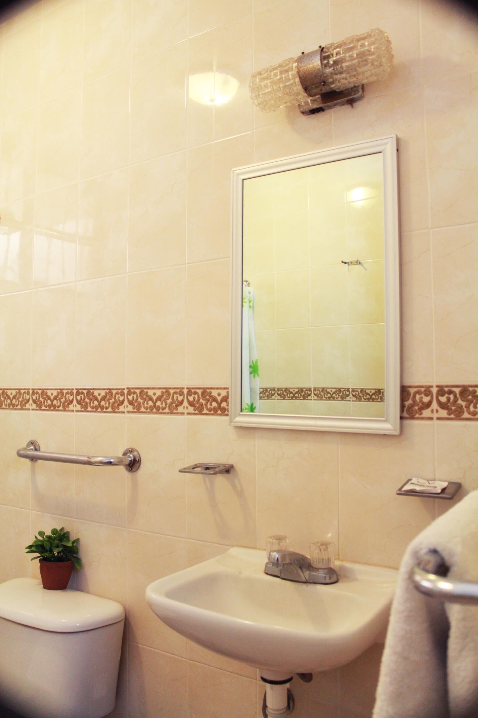 A bathroom with a toilet, sink, and a mirror.