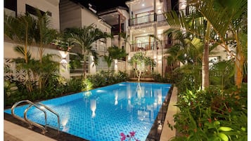 Outdoor pool, open 8:00 AM to 8:00 PM, pool umbrellas, sun loungers