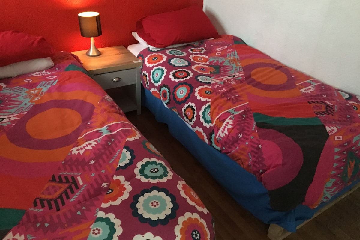 A room with two beds, each with colorful floral bedding, a nightstand with a lamp, and a red wall.