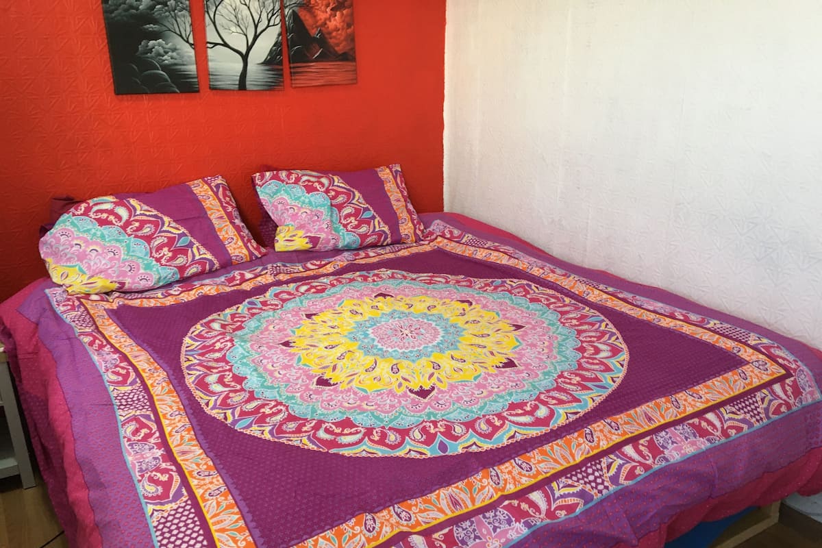 A bed with a colorful, patterned bedspread and matching pillows, set against a red wall with a framed picture above.
