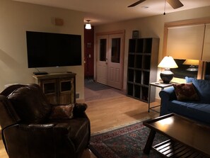 Smart TV, fireplace, DVD player, books