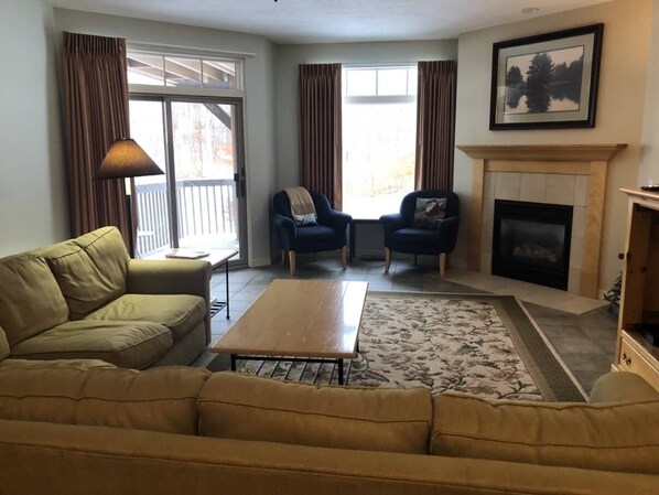 Smart TV, fireplace, video games, DVD player