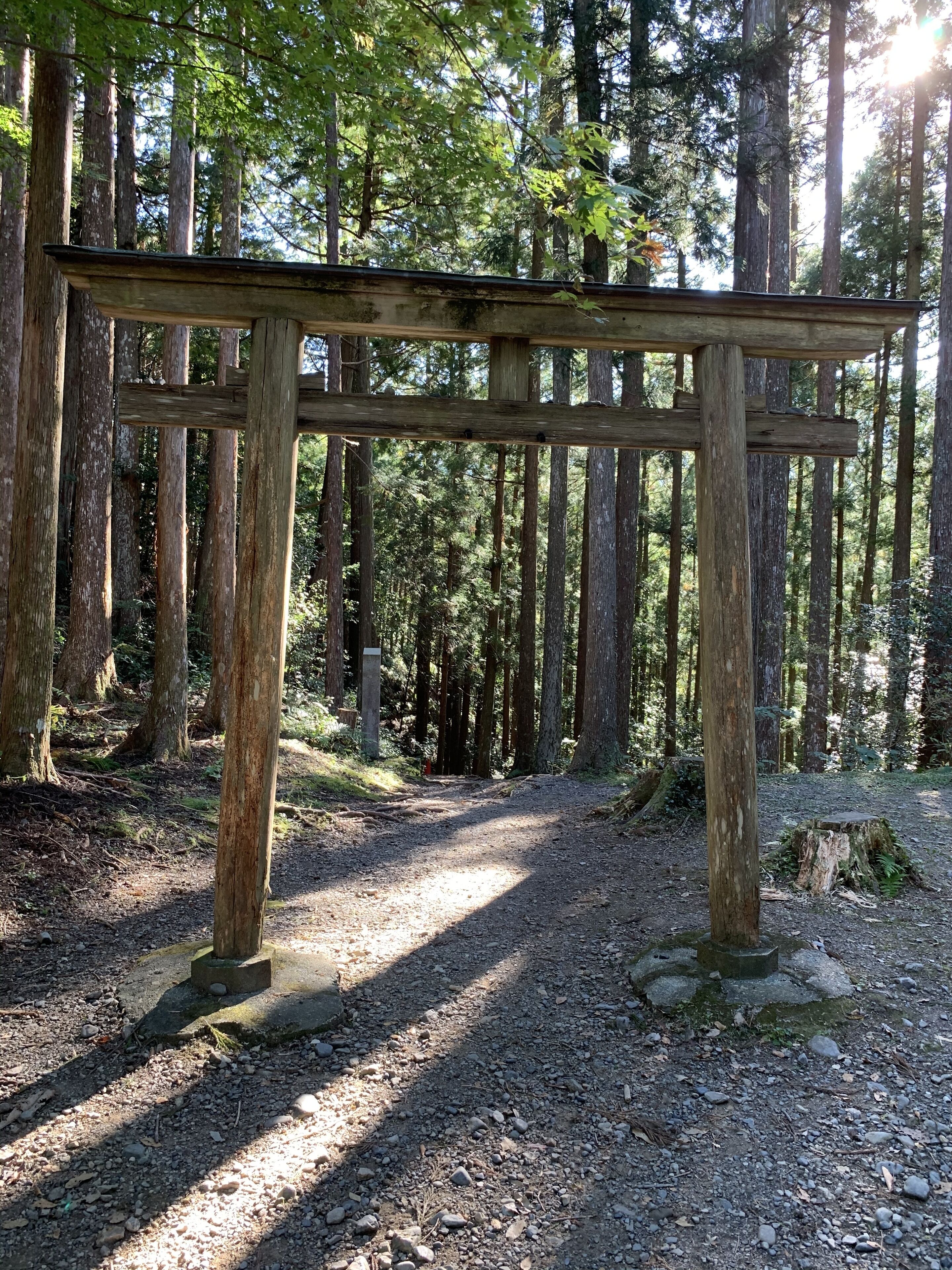 A wooden torii gate in a forested area with a gravel path leading through it.