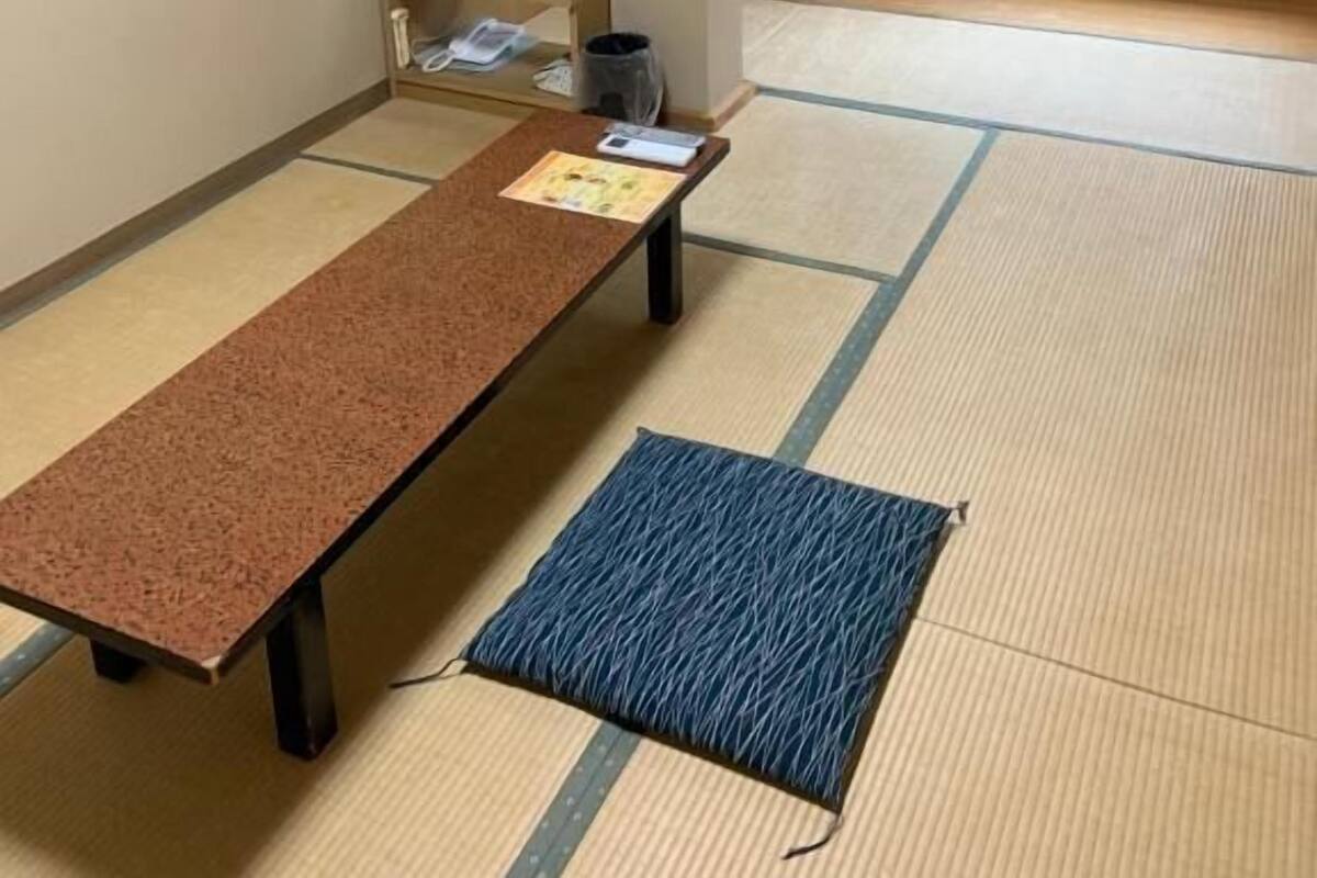 Une pièce dotée d’un sol recouvert de tatamis, d’une table en tatami, d’un téléviseur posé sur un meuble, d’une armoire et d’une fenêtre donnant sur un paysage verdoyant.