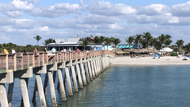 Un muelle se adentra en aguas tranquilas, con una playa y palmeras al fondo.