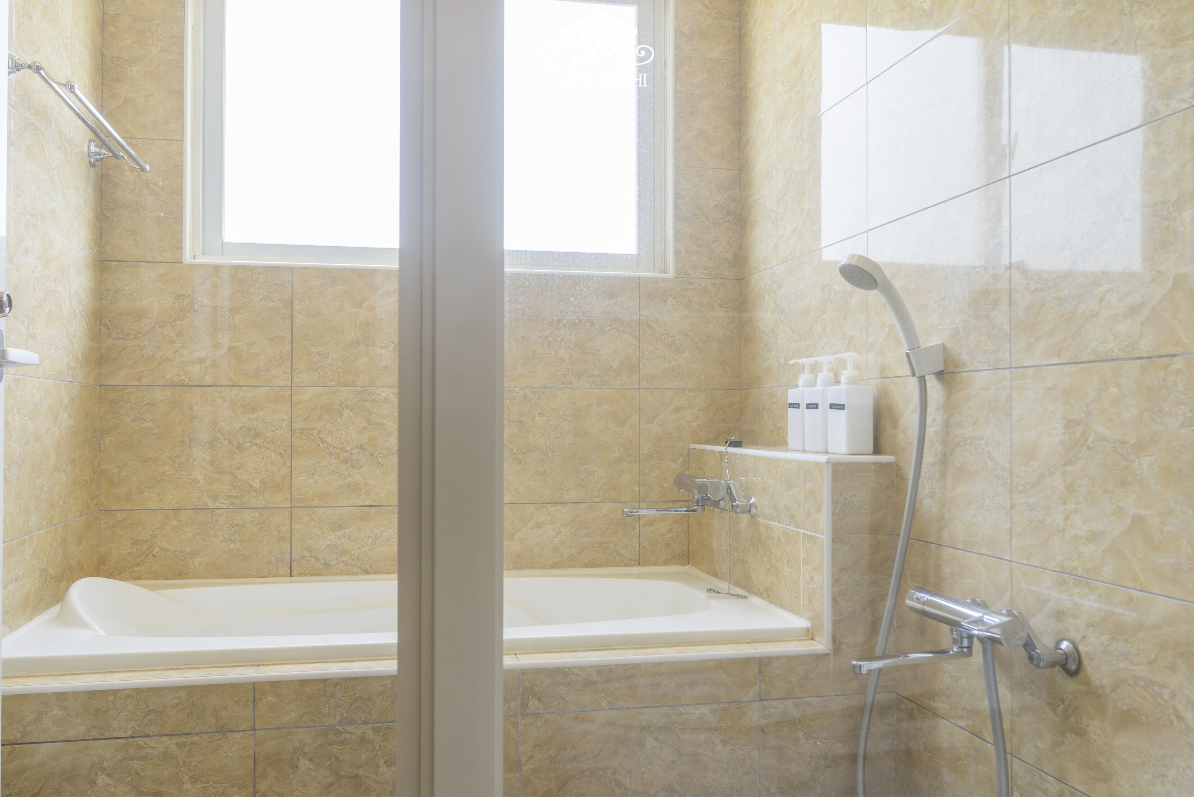 Combined shower/tub, hair dryer, towels, soap