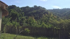 Un paisaje rural con una construcción de techo de paja, abundante vegetación y una valla de bambú.
