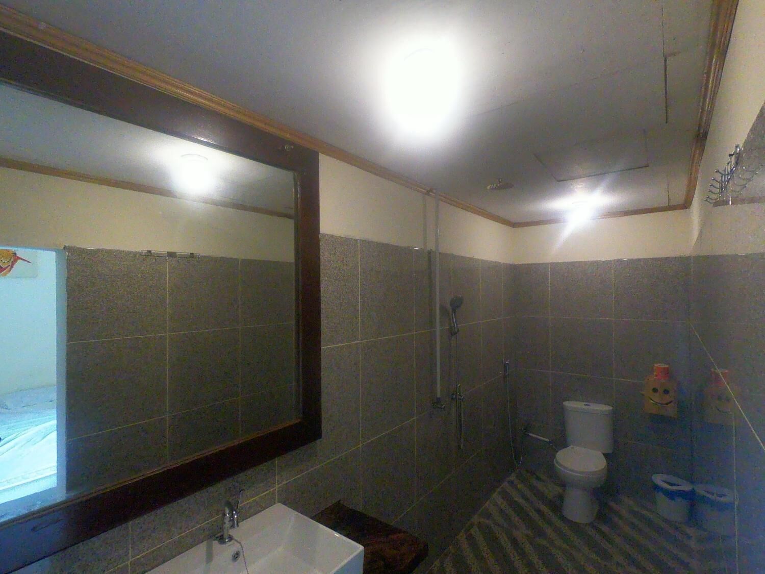 Un baño con un espejo grande, un lavamanos, un inodoro y una ducha.