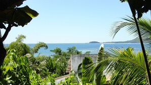 A tropical landscape with dense foliage, a view of the sea, and a distant island.