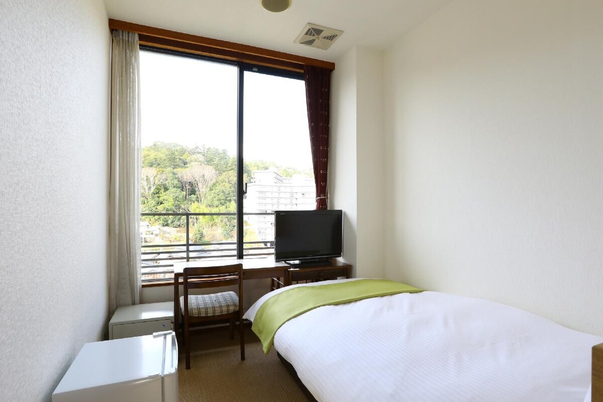 A hotel room with a bed, a desk with a television, a chair, and a window with curtains.