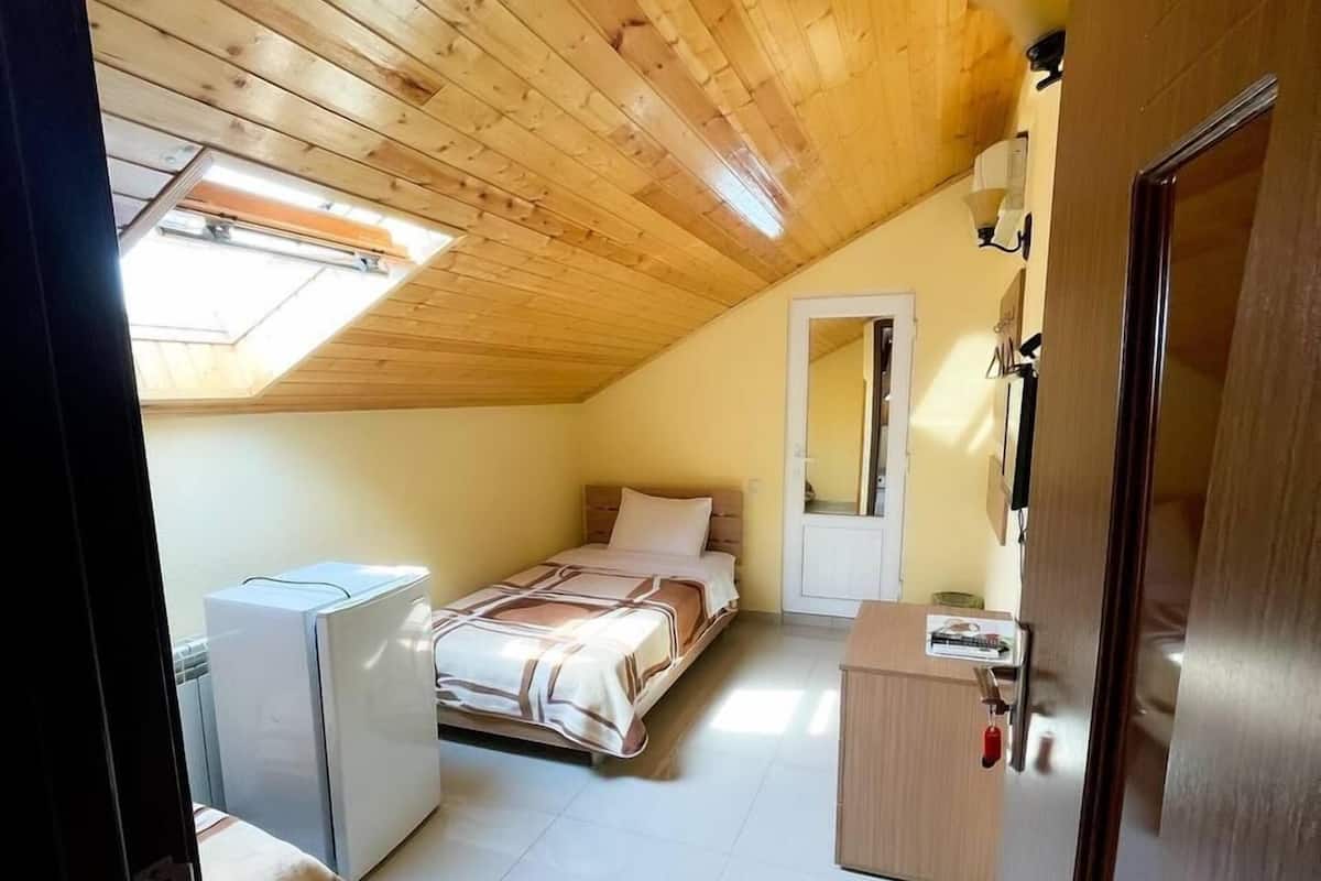 A bedroom with a bed, a small desk, a refrigerator, and a skylight.