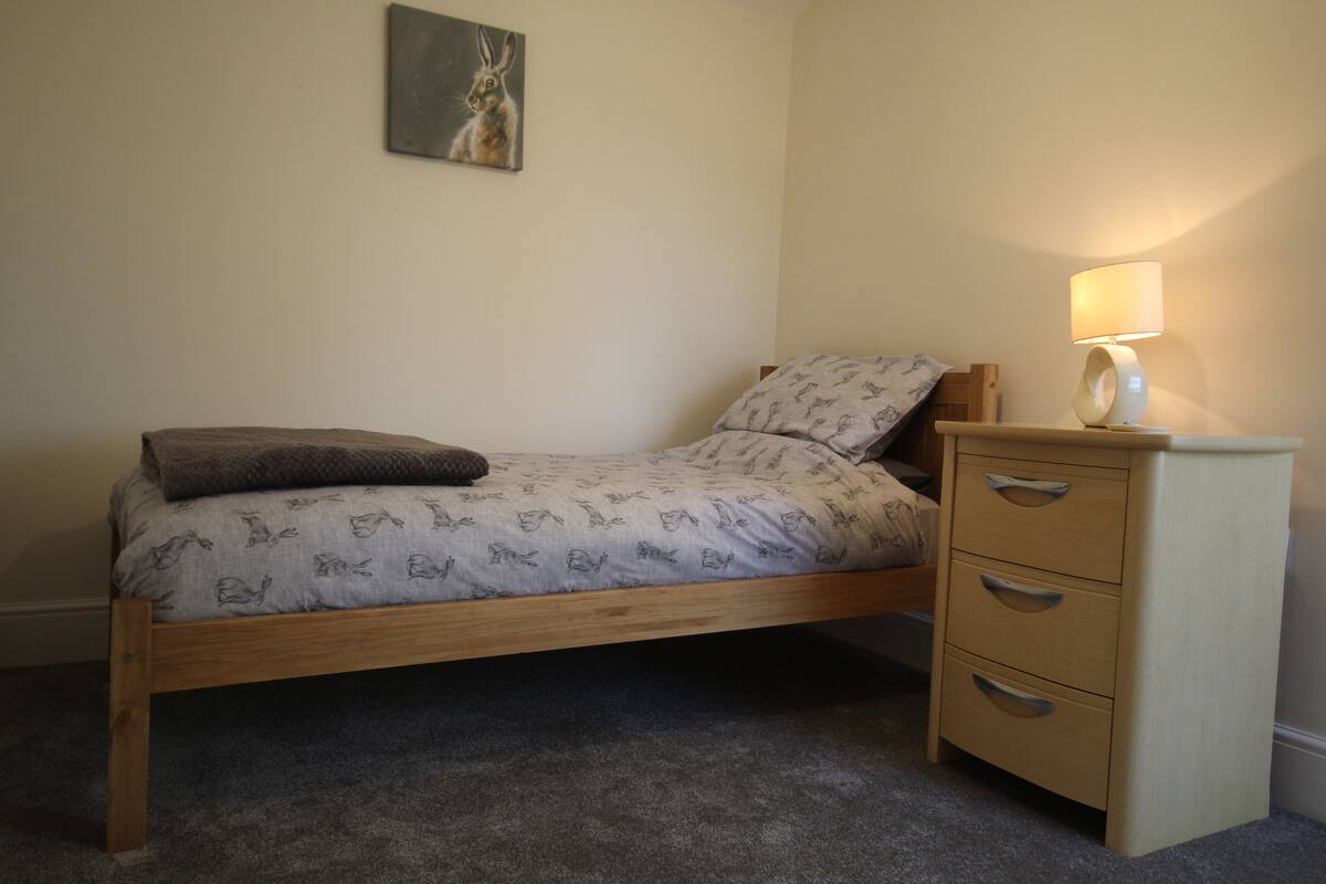 A bedroom with a single bed, a bedside table with a lamp, and a small cabinet.