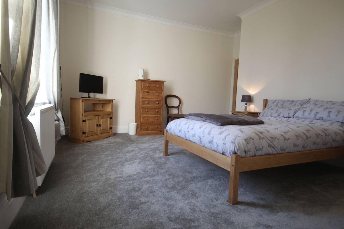 A bedroom with a wooden bed, a television on a wooden cabinet, a chair, and a dresser.