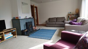 A living room with a fireplace, a sofa, a loveseat, a bookshelf, and a television. - Calluna Cottage -  a cottage that sleeps 7 guests  in 3 bedrooms (Dalbeattie)