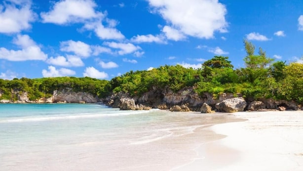 A beach with clear turquoise water, white sand, and lush green vegetation on a rocky cliff. - Selectum Hacienda Punta Cana (Punta Cana)