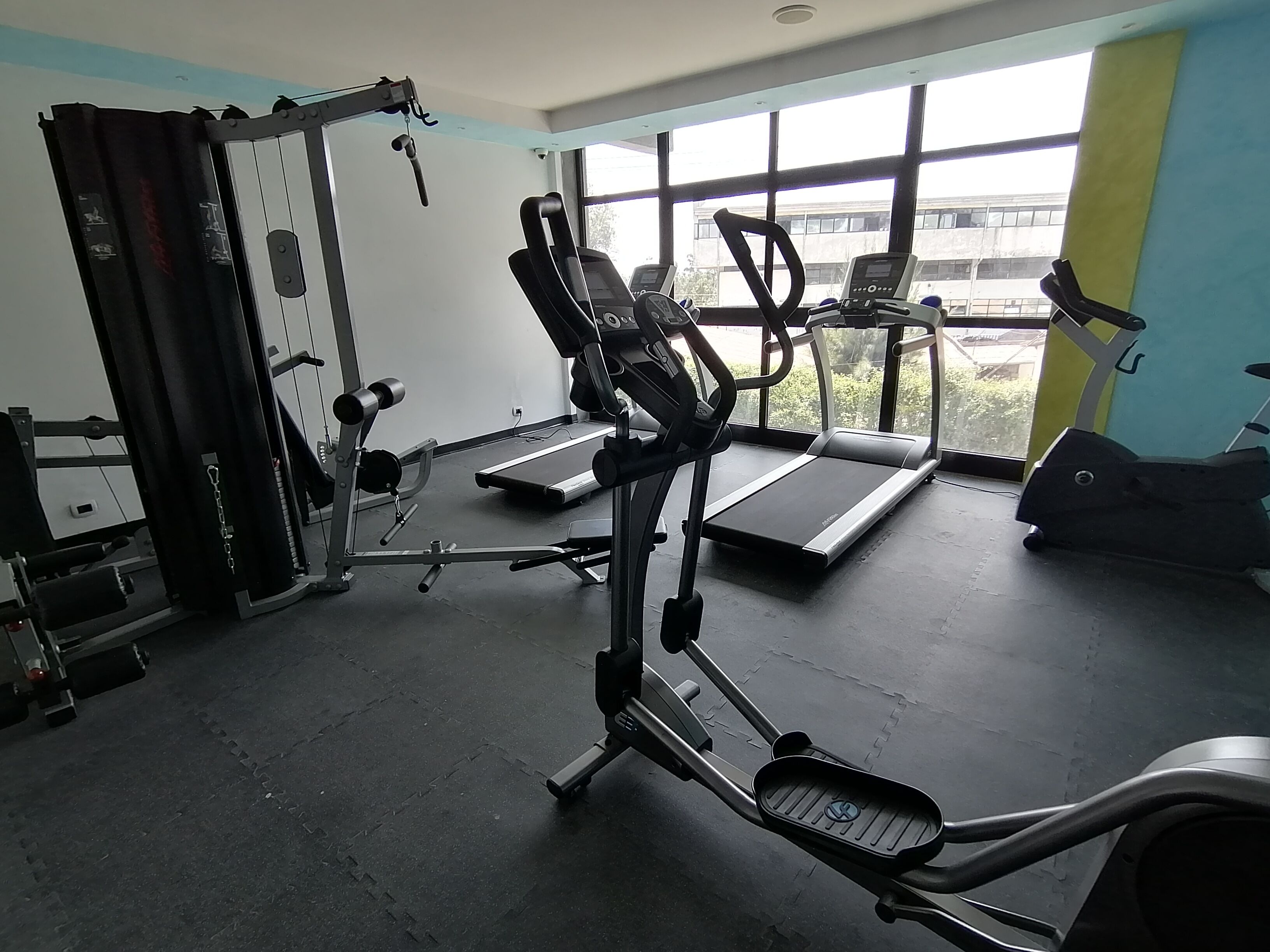 A gym with treadmills, weight machines, and a bench press.