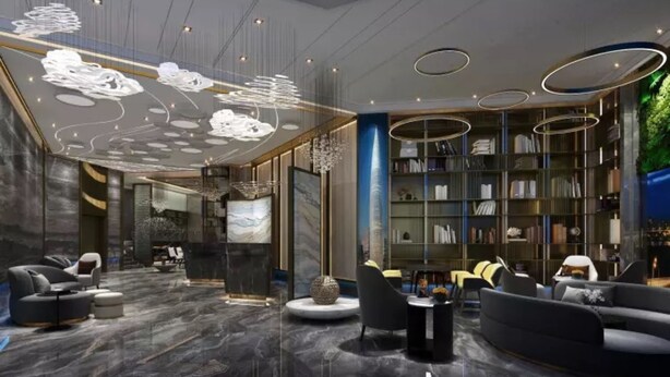 A modern interior with a marble floor, contemporary furniture, and a large bookshelf. - Naive S Hotel (Shenzhen)