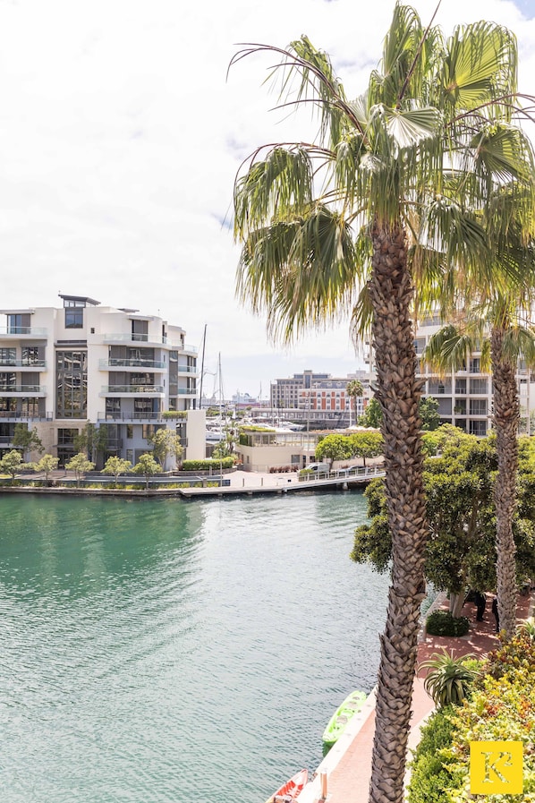 Una propiedad frente al agua con edificios modernos, un puerto deportivo y palmeras.