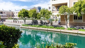 A swimming pool with a stone border, surrounded by greenery and modern buildings. - 001 Altmore on the Waterfront Marina (Cape Town)
