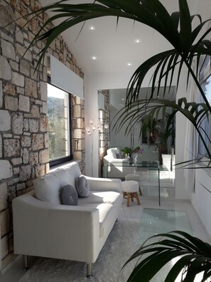 Hus - 1 sovrum | Vardagsrum | Platt-tv, dvd-spelare, dator och böcker