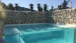 A rectangular glass-bottomed pool with a stone wall and wooden deck surrounding it. - Dion Suite And Spa In Zakynthos (Zakynthos)