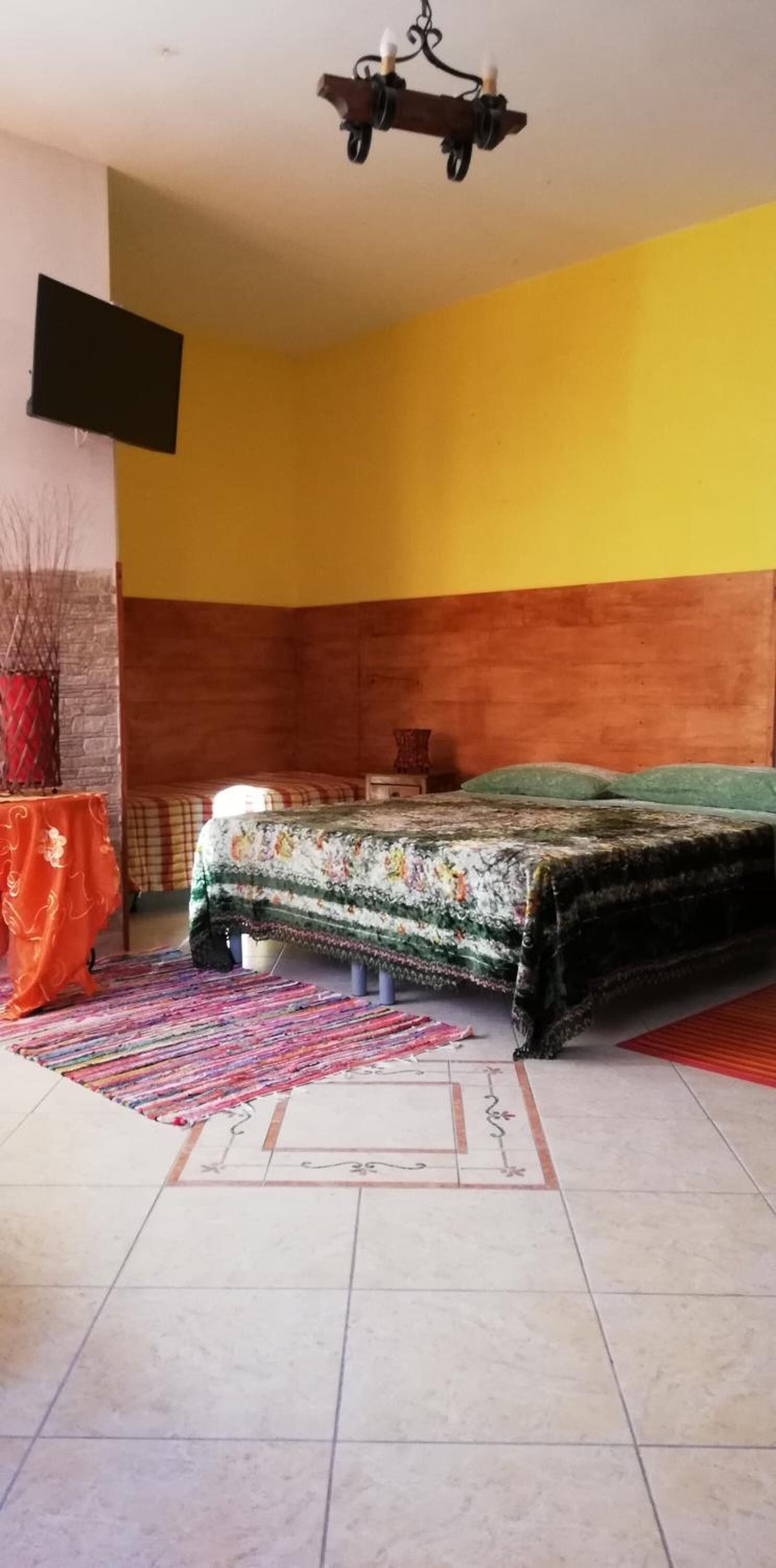 A bedroom with a bed, a TV mounted on the wall, and a colorful rug.
