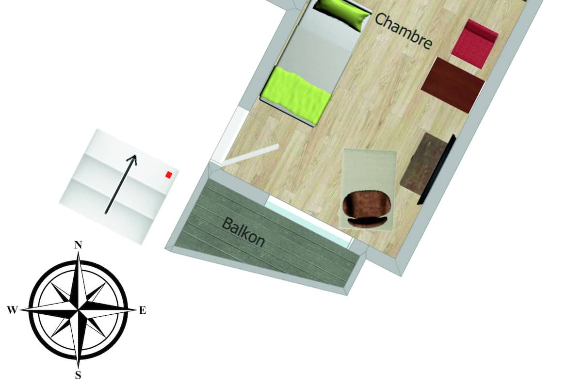Een 2D plattegrond van een hotelkamer met balkon, twee slaapkamers, een badkamer en een keukenhoek.