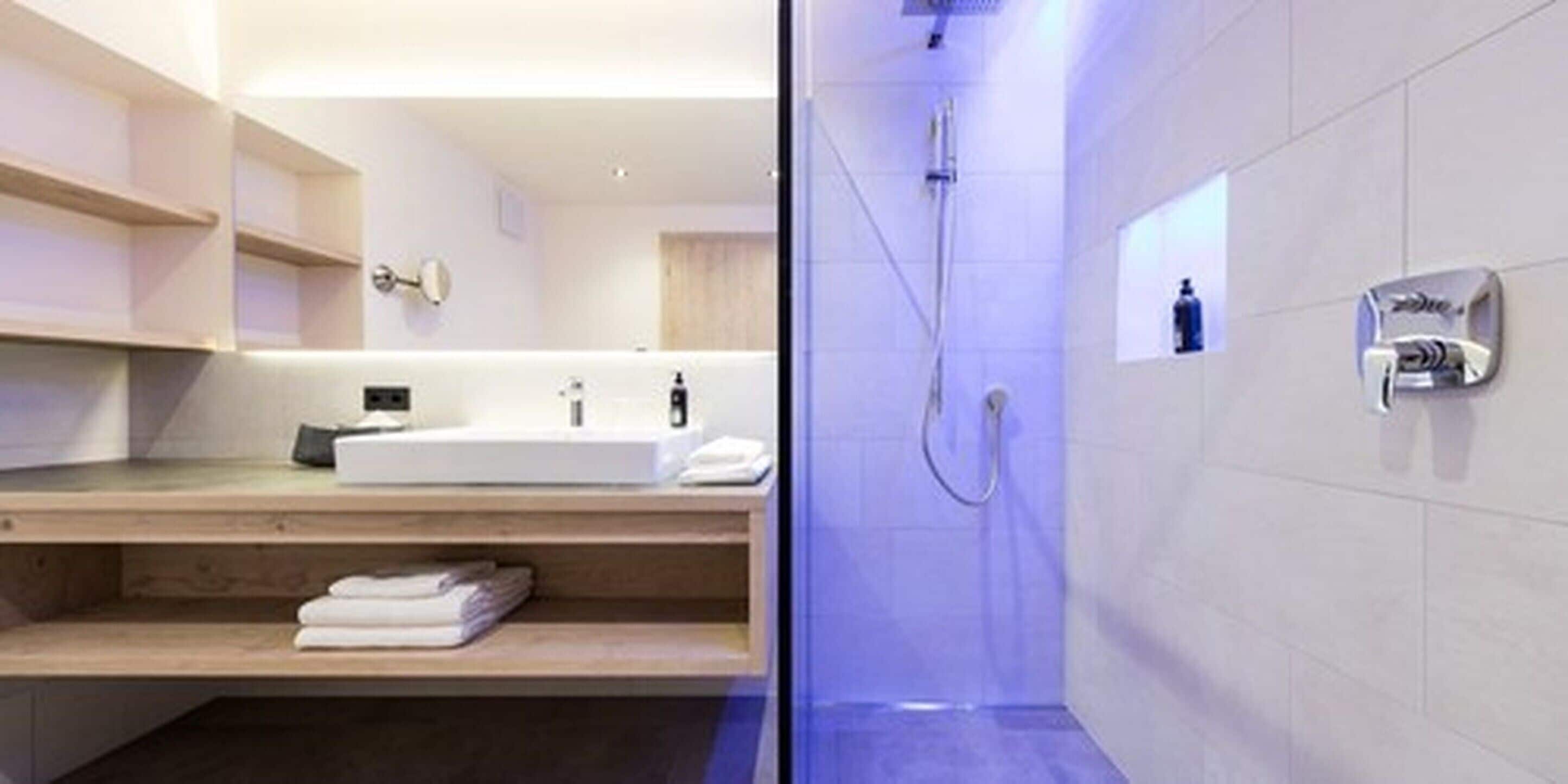 Ein modernes Badezimmer mit einem großen Waschbecken, einer Dusche und einem Handtuchhalter.