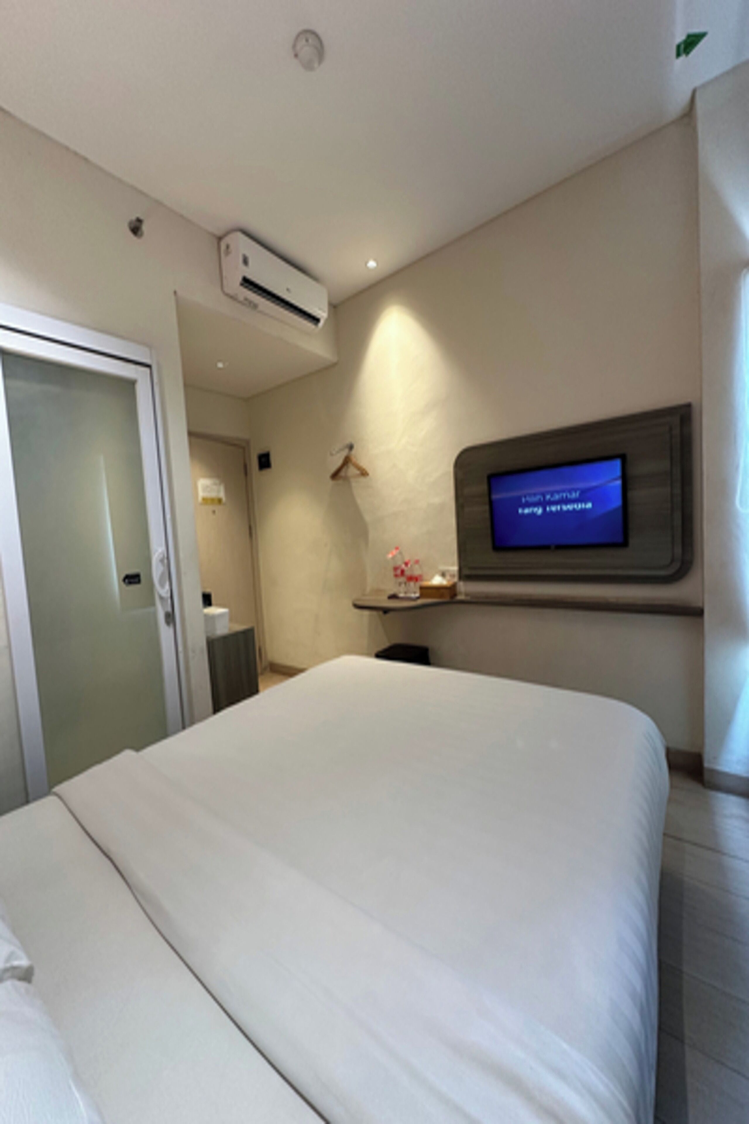 A hotel room with a bed, an air conditioning unit, a television mounted on the wall, and a door.
