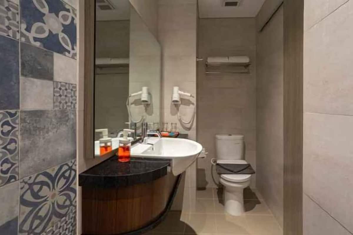 Shower, slippers, towels, soap