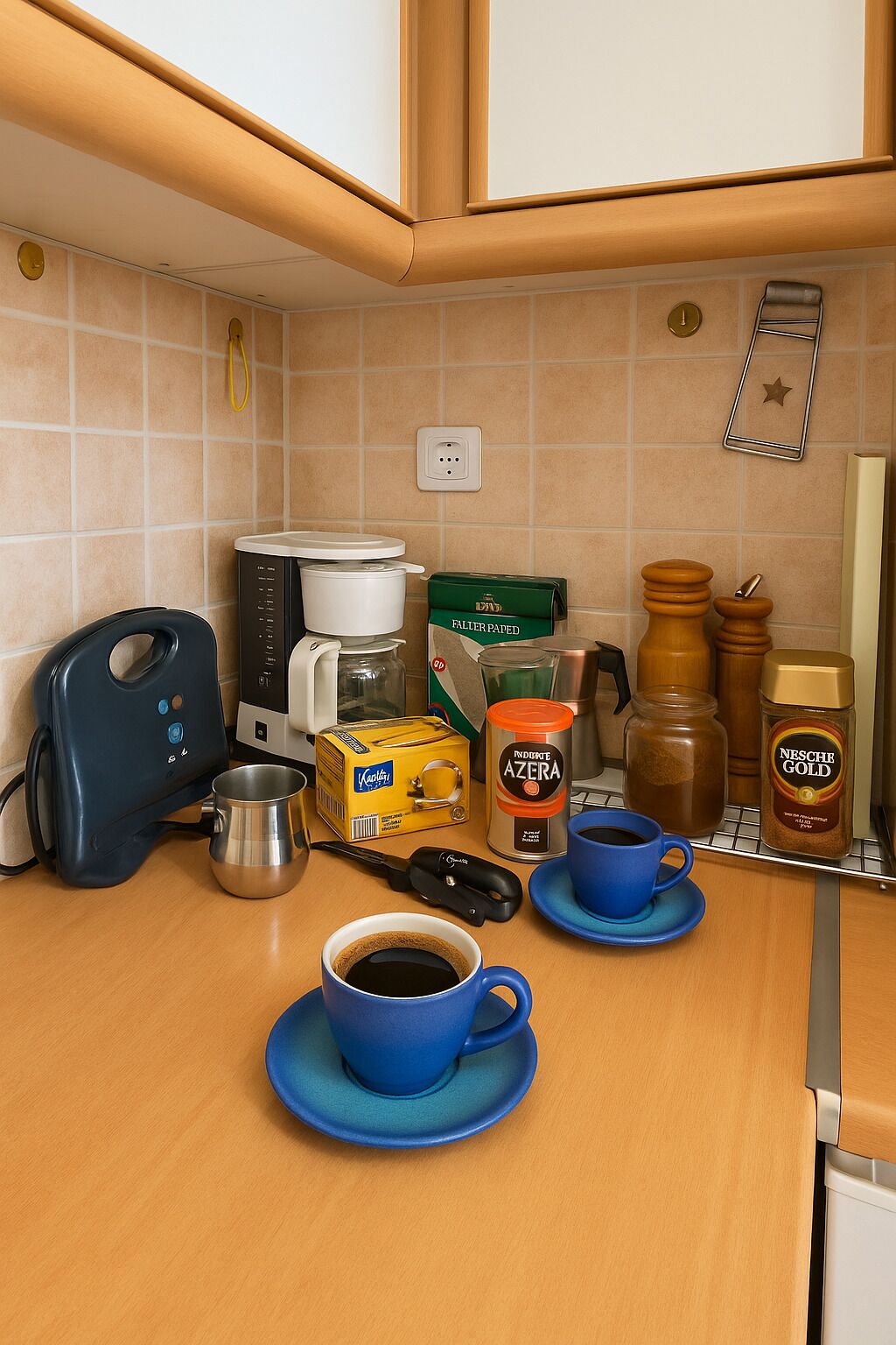 A kitchen with a coffee maker, a box of coffee pods, a jar of instant coffee, a coffee grinder, a coffee cup, and a jar of Nescafé Gold.