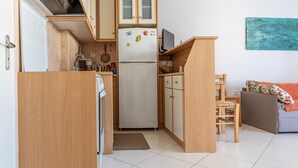 Eine kompakte Küche mit Holzschränken, einem integriertem Kühlschrank und einer Essecke mit Stuhl und Sofa.