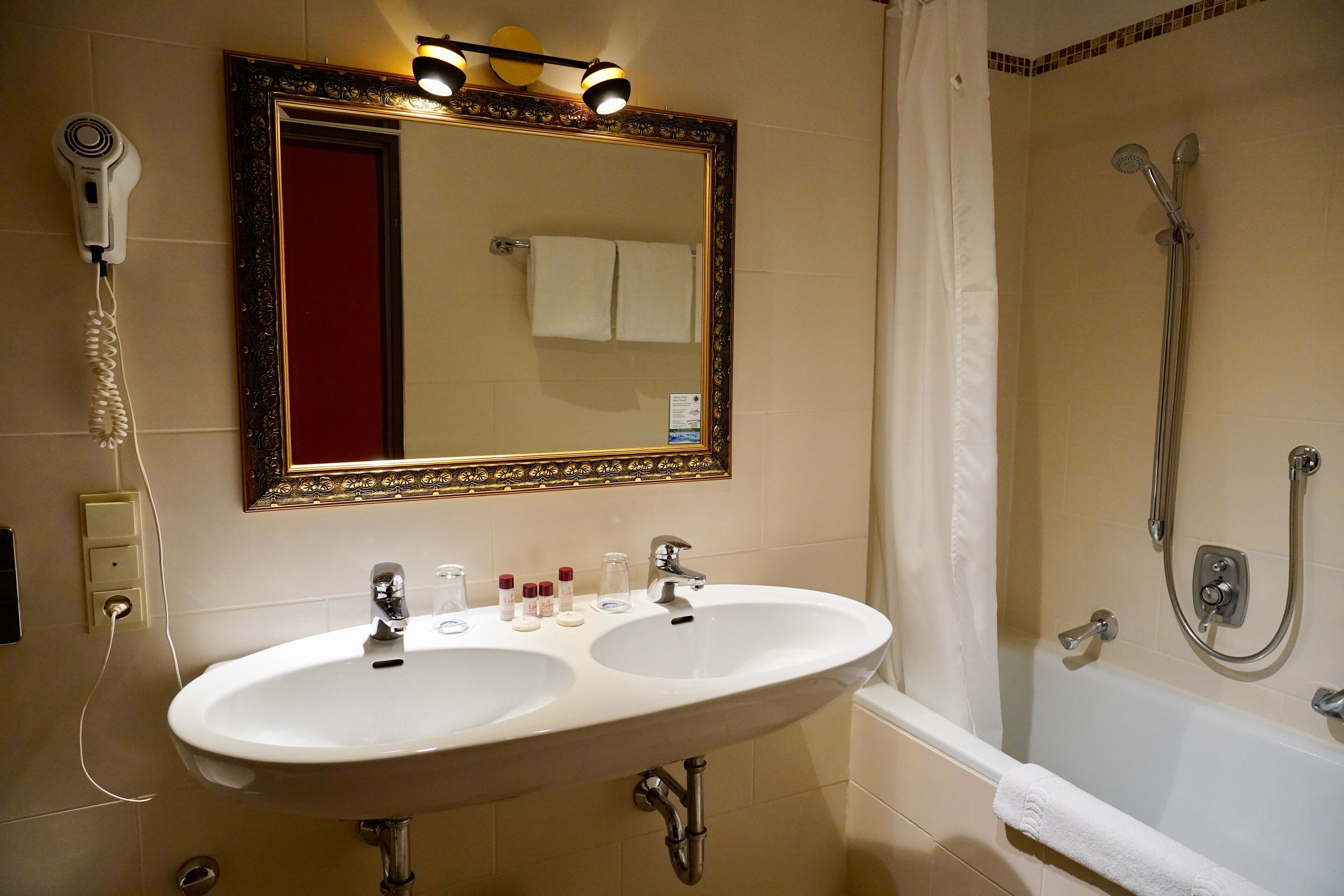 A bathroom with a double sink, a mirror with an ornate frame, a hairdryer, and a shower.