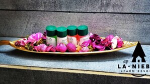 A tray of Biotique products and dried flowers on a wooden surface. - La Niebla Farm Resort (Ootacamund)