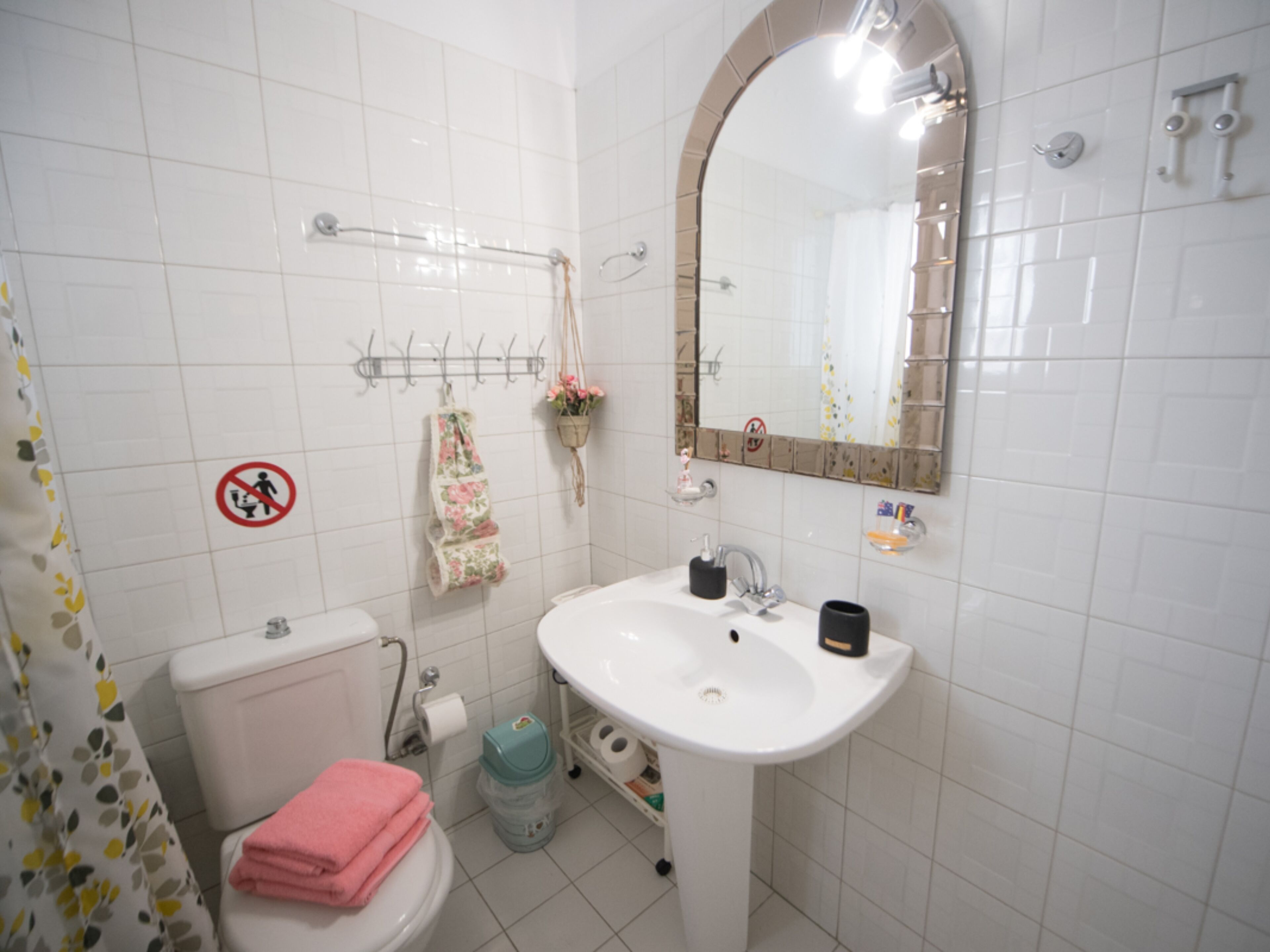 Un bagno con il water, un lavandino e una doccia. Si notano un portasacchi e degli asciugamani, oltre a una pianta pensile. In evidenza, un cartello che indica il divieto di fumare a parete.