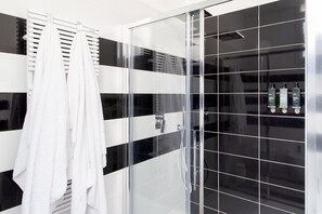 Shower, hair dryer, bidet, towels