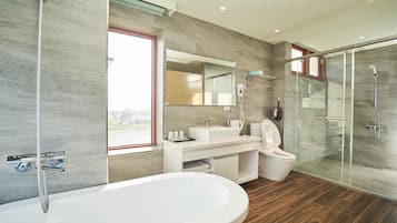 Panoramic Triple Room | Bathroom | Separate tub and shower, deep soaking tub, rainfall showerhead, slippers