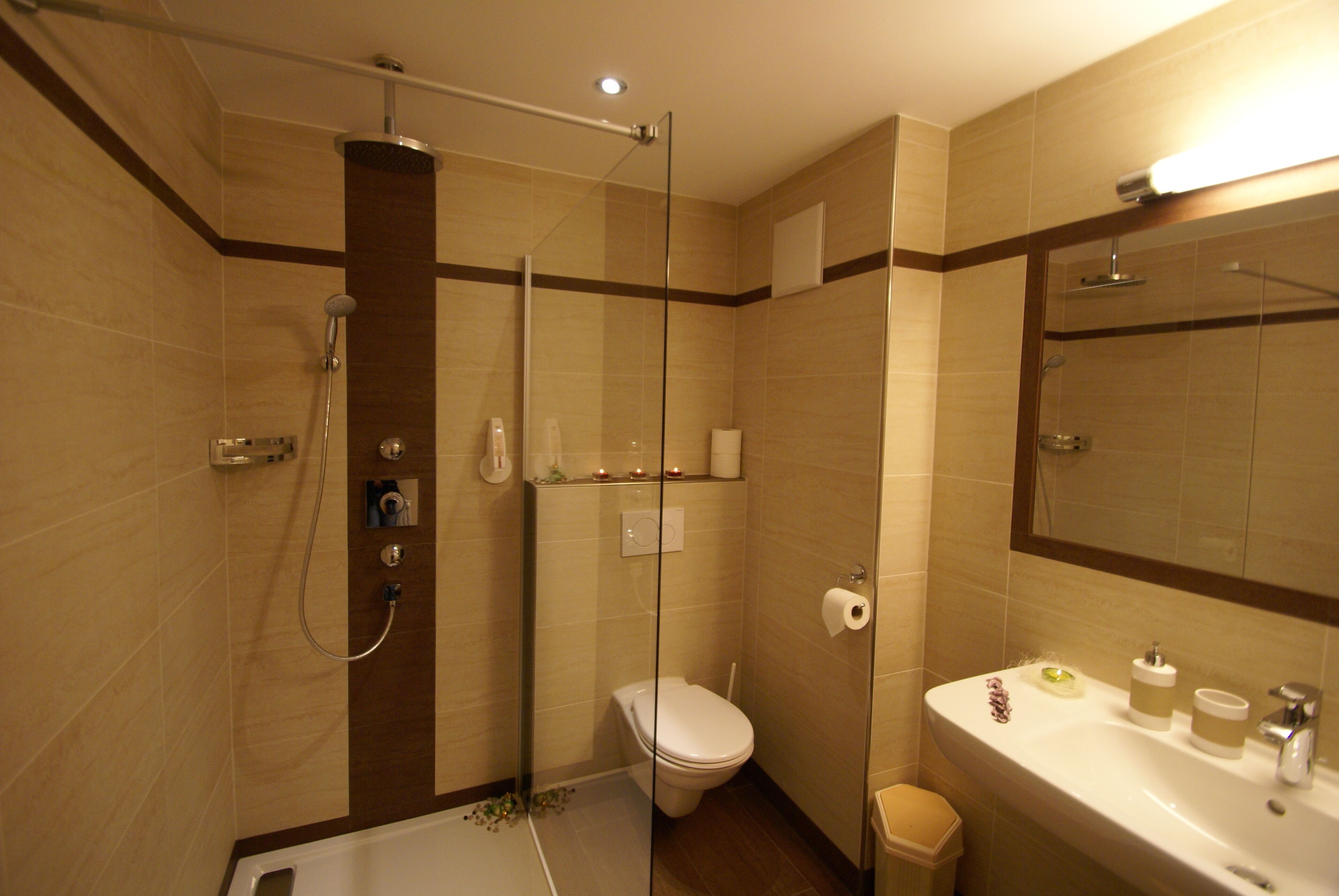 Une salle de bain moderne avec une douche à parois de verre, des toilettes et un lavabo équipé de produits de toilette.