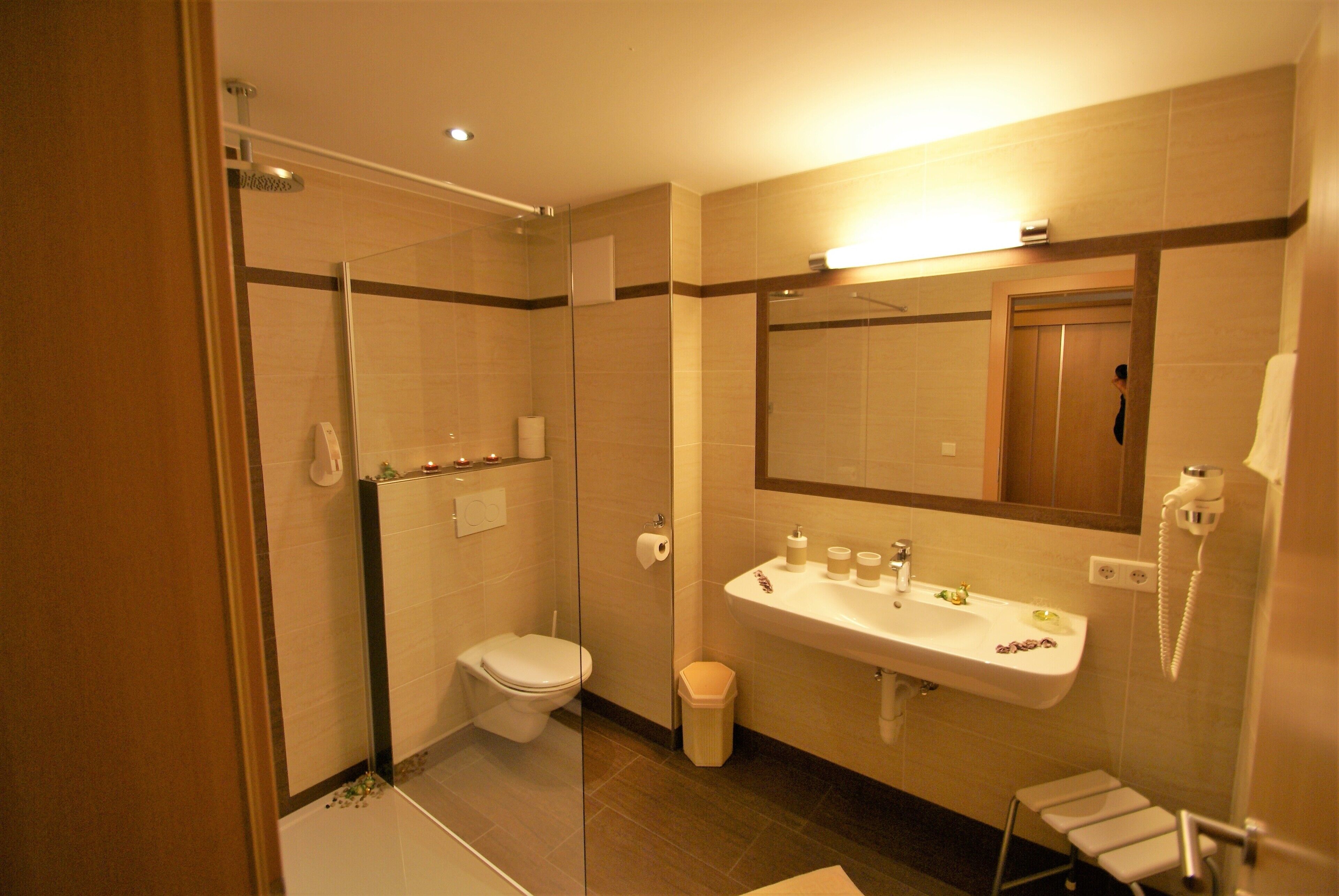 A modern bathroom with a glass-enclosed shower, a toilet, a sink with toiletries, and a mirror.