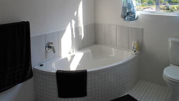 Une salle de bain avec une baignoire, des toilettes et une fenêtre.