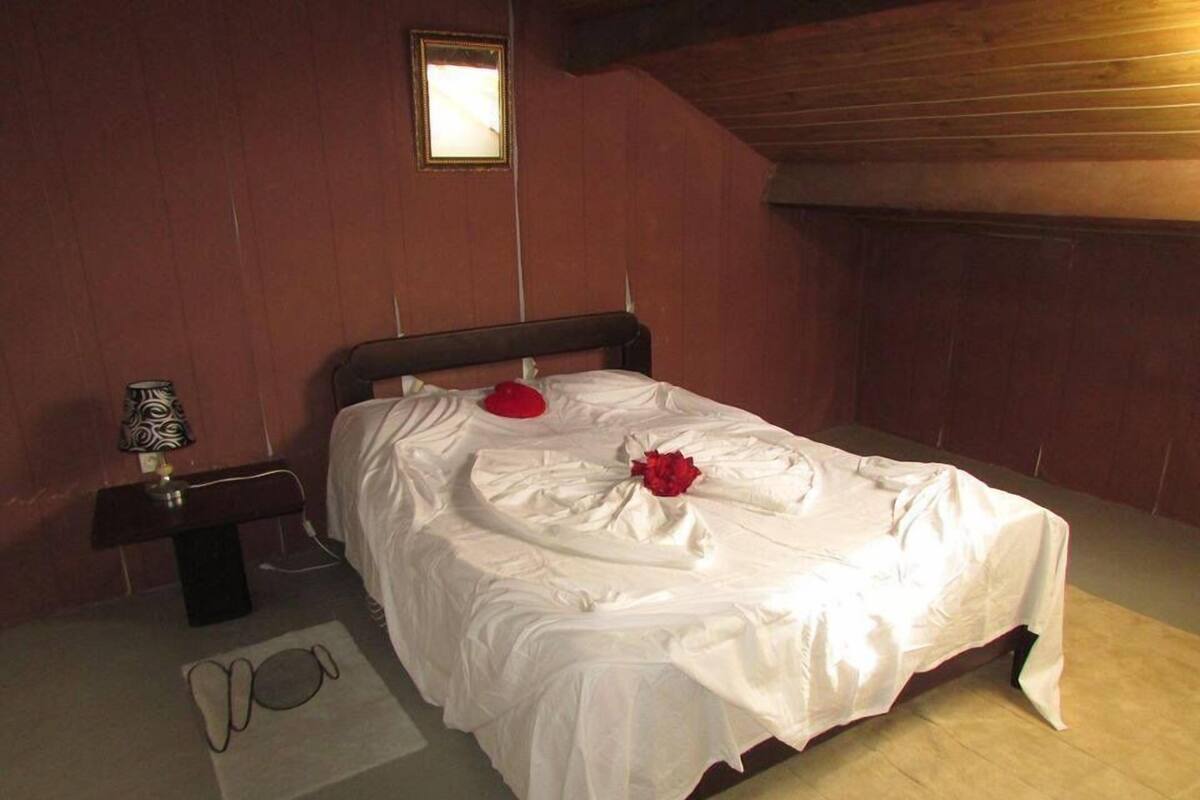 A neatly made bed with a white bedspread and a red rose, a bedside table with a lamp, and a small framed picture on the wall.